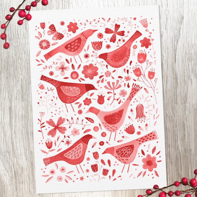 Tarjeta Festiva Bird Watercolor Rojo (Watercolor bird and flower red and white holiday card)