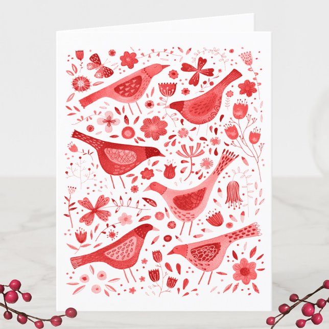 Tarjeta Festiva Bird Watercolor Rojo (Watercolor birds and flowers red and white holiday card)
