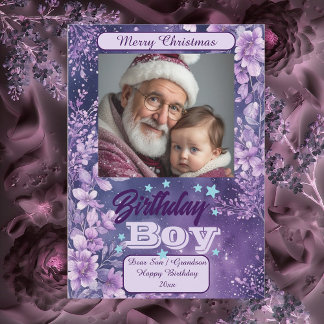 Tarjeta Festiva Birthday Boy's Christmas Purple Floral Watercolor 