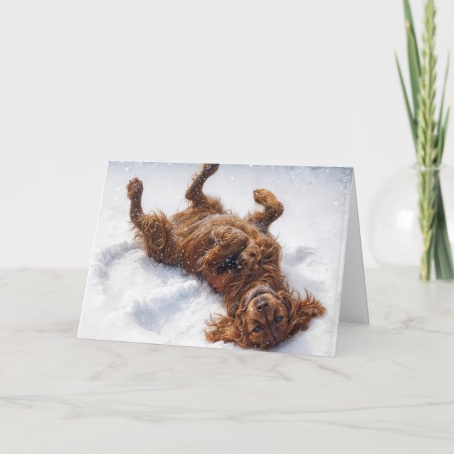 Tarjeta Festiva Birthday Irish Setter Making a Snow Angel (Anverso)