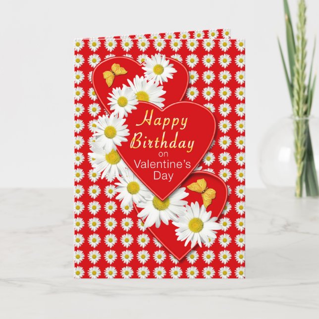 Tarjeta Festiva Birthday on Valentine's Day Daisy Hearts Card (Anverso)