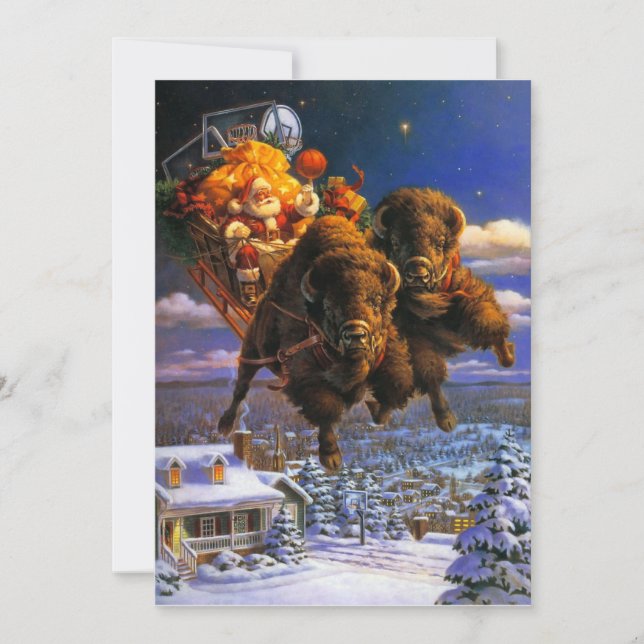 Tarjeta Festiva Bison Pulling Santa Claus (Anverso)