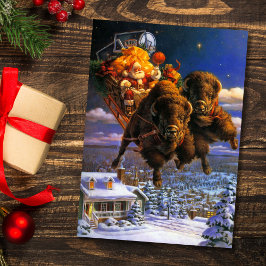 Tarjeta Festiva Bison Pulling Santa Claus