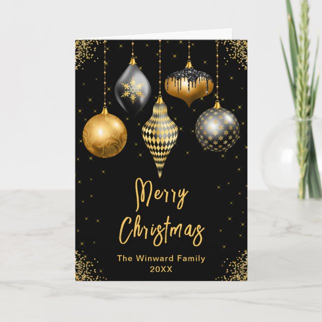 Tarjeta Festiva Black and Gold Ornaments Merry Christmas (Anverso)