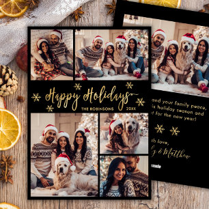 Tarjeta Festiva Black and Gold Snowflake 5 Navidades de Collage de