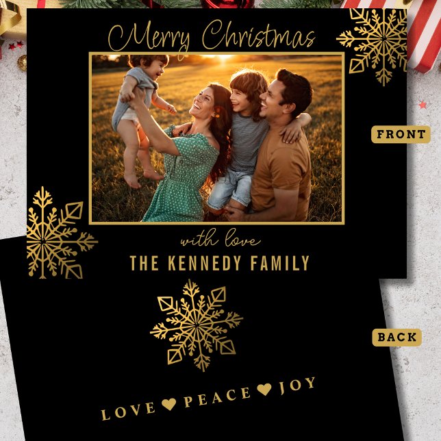 Tarjeta Festiva  Black And Gold Snowflake Merry Christmas Photo (Subido por el creador)