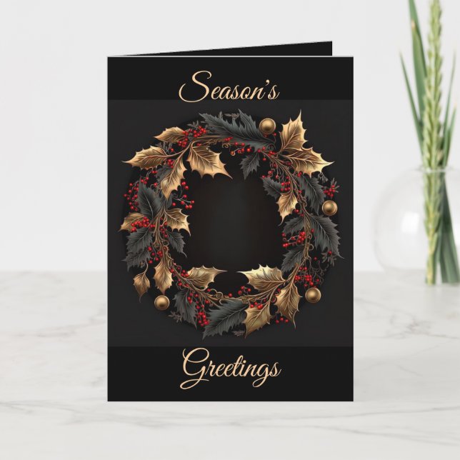 Tarjeta Festiva Black and Gold Wreath Christmas Holiday Card (Anverso)