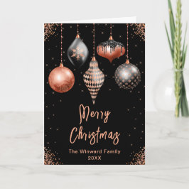 Tarjeta Festiva Black and Rose Gold Ornaments Merry Christmas