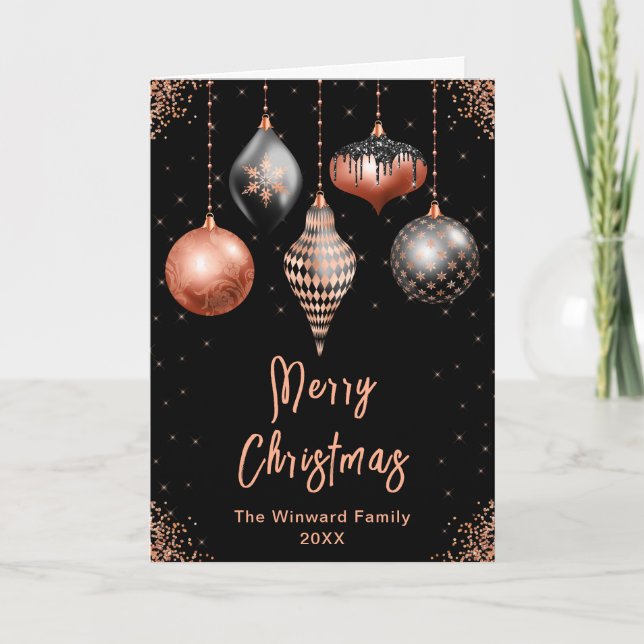 Tarjeta Festiva Black and Rose Gold Ornaments Merry Christmas (Anverso)