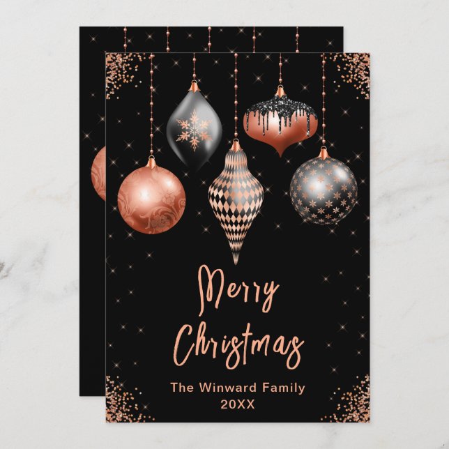 Tarjeta Festiva Black and Rose Gold Ornaments Merry Christmas (Anverso / Reverso)