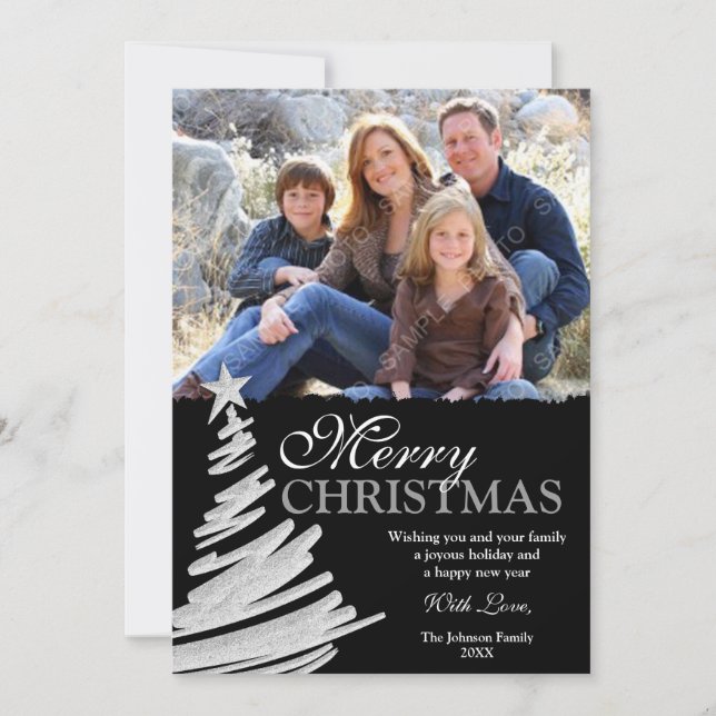 Tarjeta Festiva Black and Silver Christmas Tree Holiday Photo Card (Anverso)