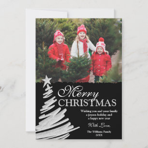 Tarjeta Festiva Black and Silver Christmas Tree Holiday Photo Card