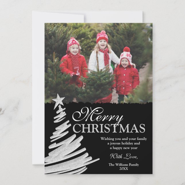 Tarjeta Festiva Black and Silver Christmas Tree Holiday Photo Card (Anverso)
