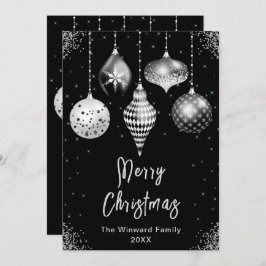 Tarjeta Festiva Black and Silver Ornaments Merry Christmas