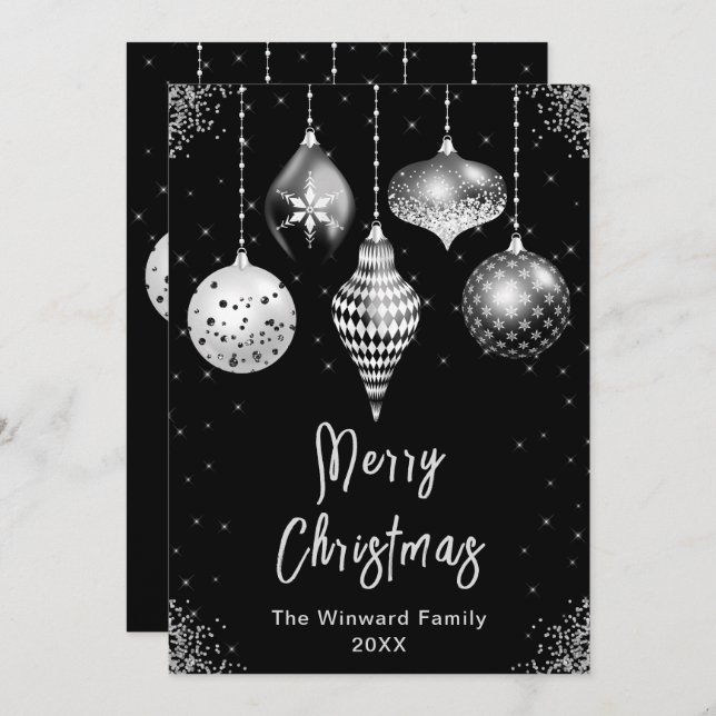 Tarjeta Festiva Black and Silver Ornaments Merry Christmas (Anverso / Reverso)