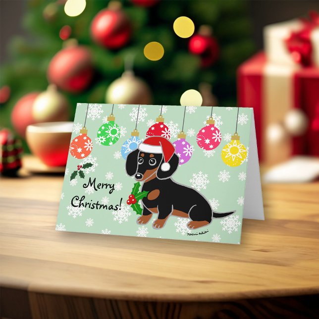 Tarjeta Festiva Black and Tan Dachshund Santa (Black and Tan Dachshund Santa Design Christmas Cards for Dachshund Owners.  Cute Cartoon Style.)