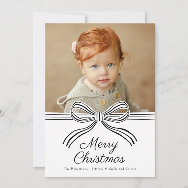 Tarjeta Festiva Black and White Bow Flat Christmas Photo Card (Anverso)