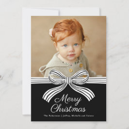 Tarjeta Festiva Black and White Bow Flat Christmas Photo Card