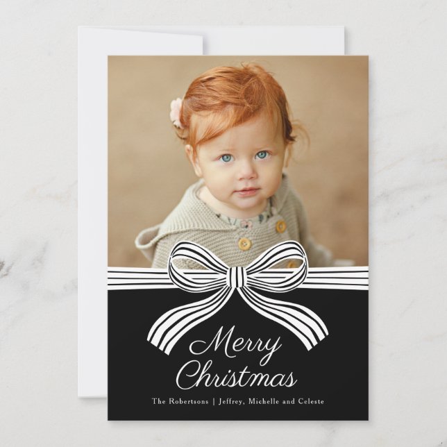 Tarjeta Festiva Black and White Bow Flat Christmas Photo Card (Anverso)