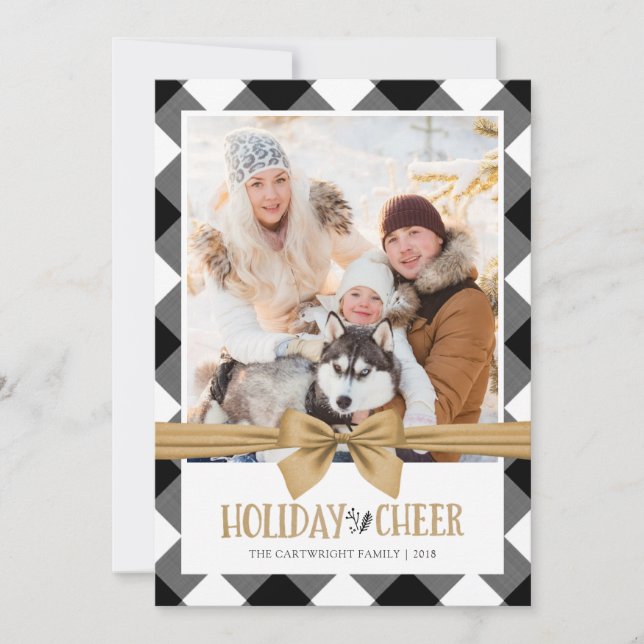 Tarjeta Festiva Black and White Buffalo Check Brown Kraft CHEER (Anverso)