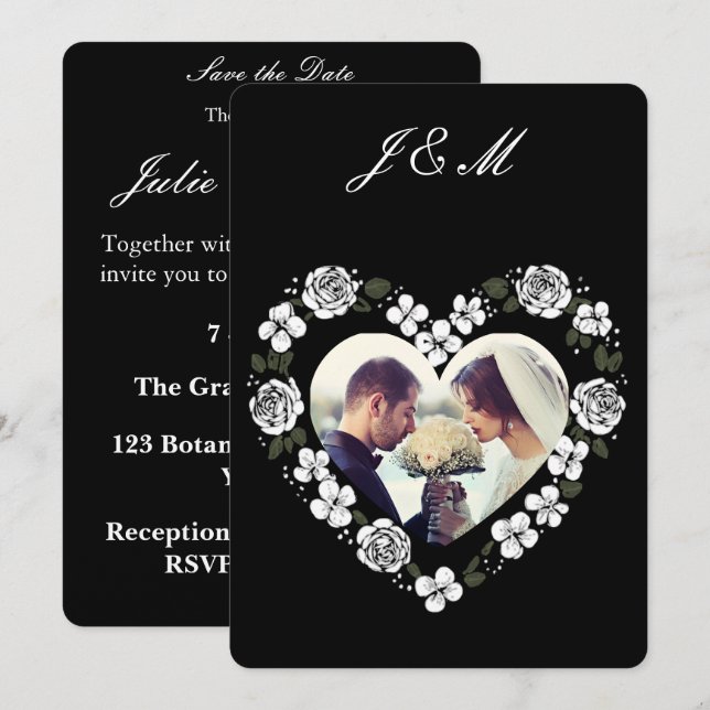 Tarjeta Festiva Black and White Floral Heart Wedding Invitation (Anverso / Reverso)