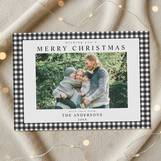 Tarjeta Festiva Black and White Gingham Christmas Photo (Subido por el creador)
