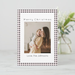 Tarjeta Festiva Black And White Plaid Custom Photo Christmas