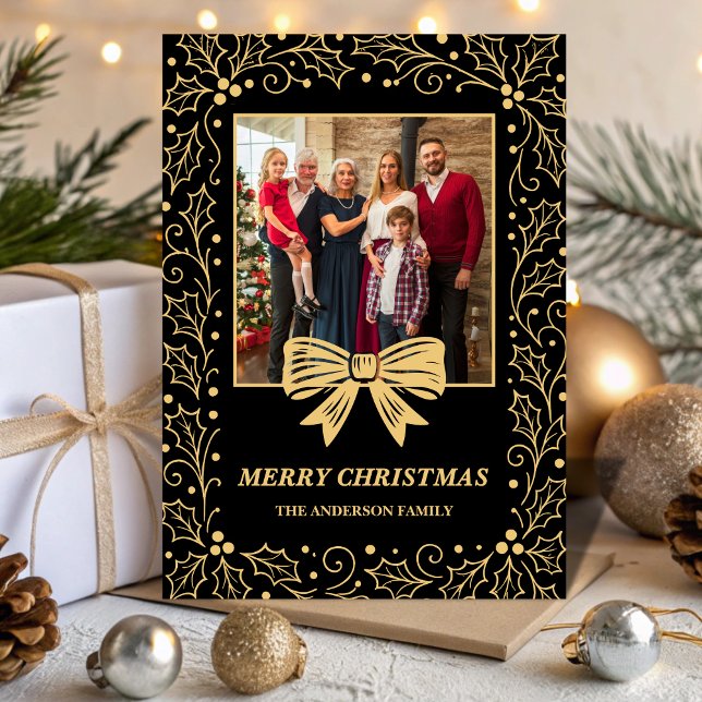 Tarjeta Festiva Black & Antique Gold Bow Family Christmas Photo (Subido por el creador)
