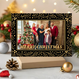 Tarjeta Festiva Black & Antique-Gold Family Christmas Photo