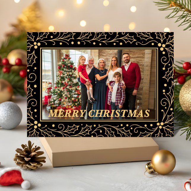 Tarjeta Festiva Black & Antique-Gold Family Christmas Photo (Subido por el creador)
