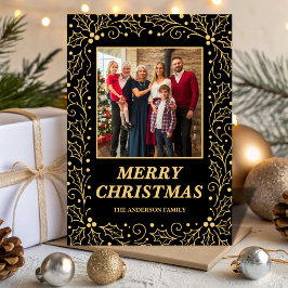 Tarjeta Festiva Black & Antique-Gold Family Photo Christmas