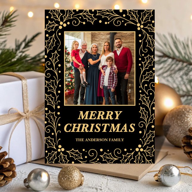 Tarjeta Festiva Black & Antique-Gold Family Photo Christmas (Subido por el creador)