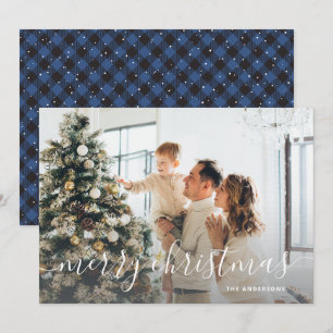 Tarjeta Festiva Black Blue Buffalo Plaid Photo Merry Christmas