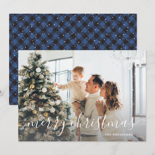 Tarjeta Festiva Black Blue Buffalo Plaid Photo Merry Christmas (Anverso / Reverso)