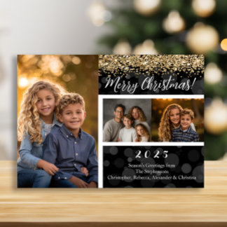 Tarjeta Festiva Black Bokeh Gold Purpurina 3-Photo Merry Christmas