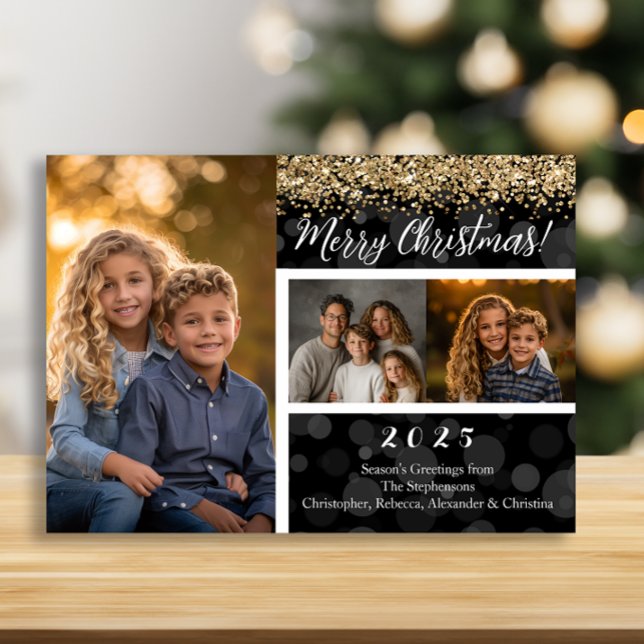 Tarjeta Festiva Black Bokeh Gold Purpurina 3-Photo Merry Christmas (Black Bokeh Gold Glitter 3-Photo Merry Christmas Holiday Card)