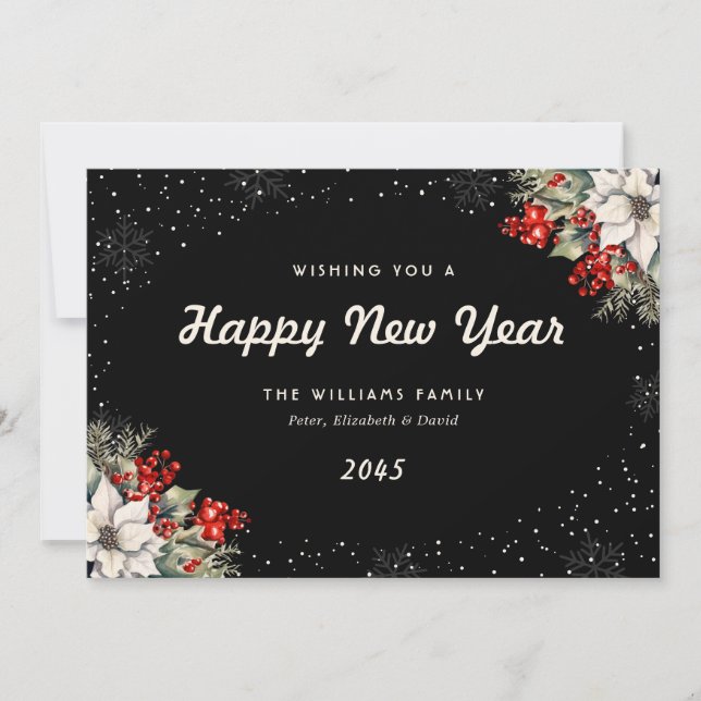 Tarjeta Festiva Black Botanical Snowflakes New Year Card (Anverso)