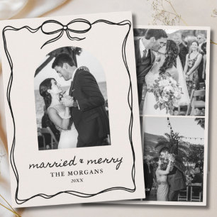 Tarjeta Festiva Black Bow Vintage casado y Merry 4 Photo Boda