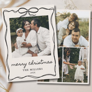 Tarjeta Festiva Black Bow Vintage Merry Christmas 4 Photo Family