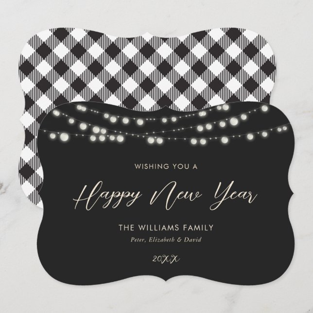 Tarjeta Festiva Black Buffalo Plaid Lights Happy New Year Cards (Anverso / Reverso)