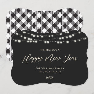 Tarjeta Festiva Black Buffalo Plaid Lights Happy New Year Cards