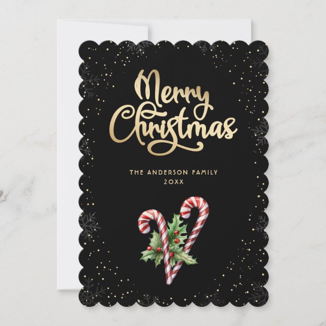 Tarjeta Festiva Black Candy Cane Holly Berries Christmas (Anverso)