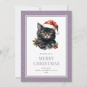Tarjeta Festiva Black Cat Cute Purple Merry Christmas Card