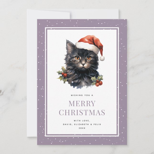 Tarjeta Festiva Black Cat Cute Purple Merry Christmas Card (Anverso)
