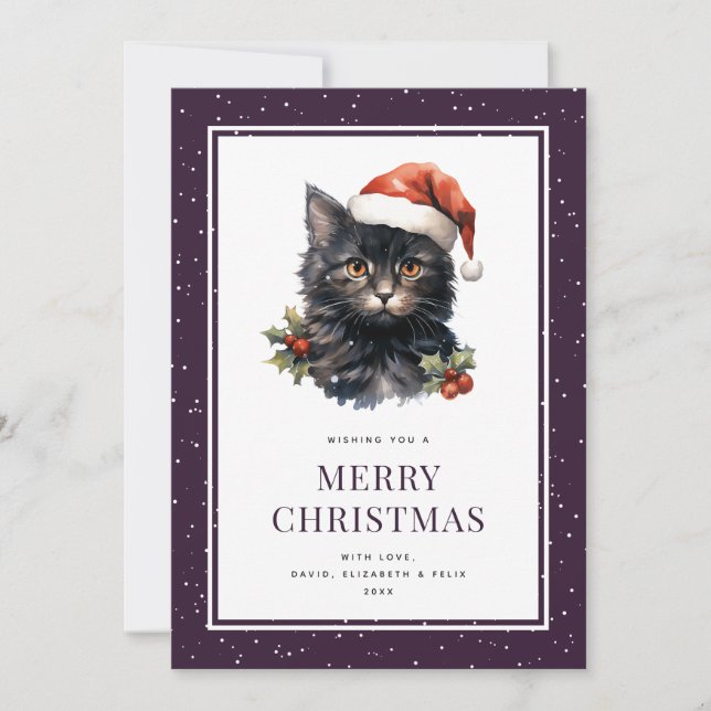 Tarjeta Festiva Black Cat Holly Berries Snow Merry Christmas Card (Anverso)