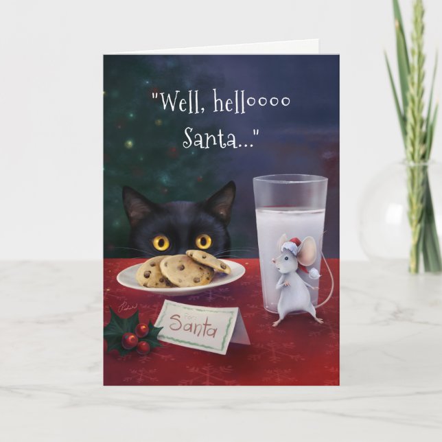 Tarjeta Festiva Black Cat Merry Christmas Santa Mouse (Anverso)