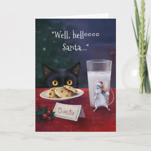 Tarjeta Festiva Black Cat Merry Christmas Santa Mouse