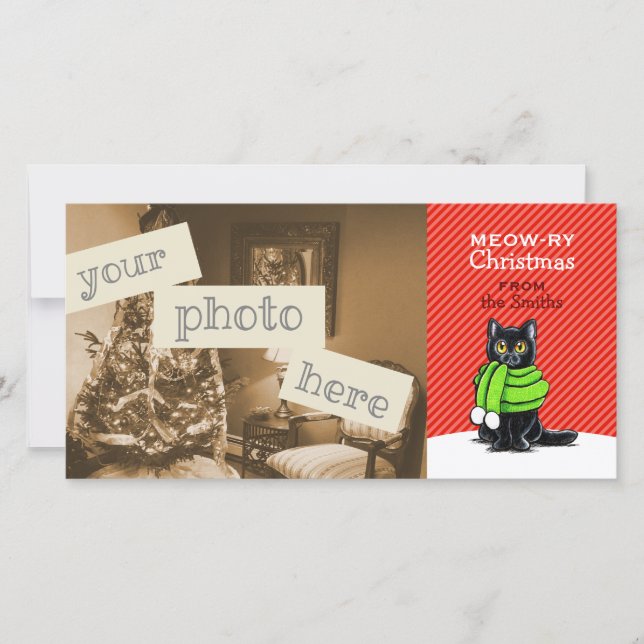 Tarjeta Festiva Black Cat Scarf Navidades Red Stripe (Anverso)