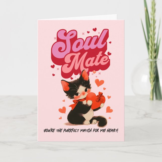 Tarjeta Festiva Black Cat Soul Mate Retro Valentine’s Day Card (Anverso)