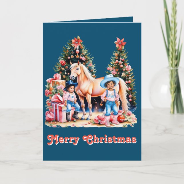 Tarjeta Festiva Black Cowgirl Winter Scene Horse Merry Christmas (Anverso)